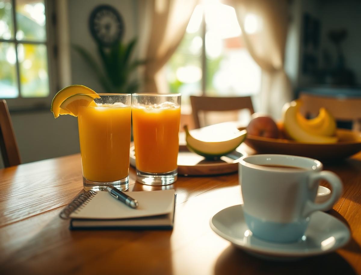 Gros plan sur la table : jus frais, carnet et café pendant l'échange